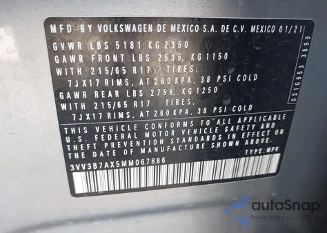 2021 Volkswagen Tiguan 2.0T Se/2.0T Se R-Line Black/2.0T Sel из США, поврежденный, VIN 3VV3B7AX5MM067886